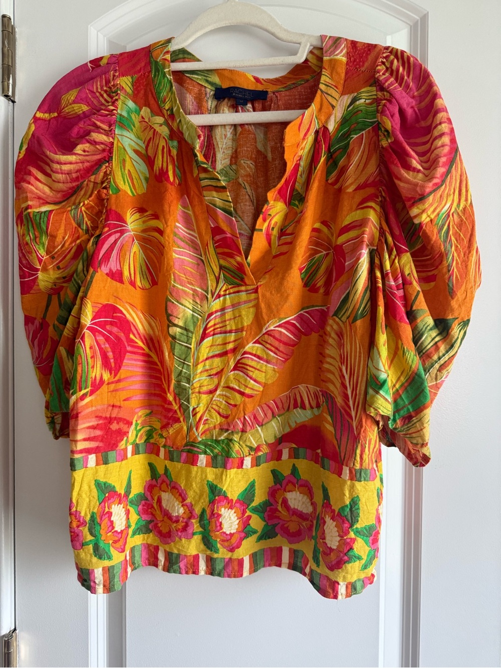 Vibrant RACHEL Rachel Roy Tropical Print Linen Blend Puff-Sleeve Women’s Top, M